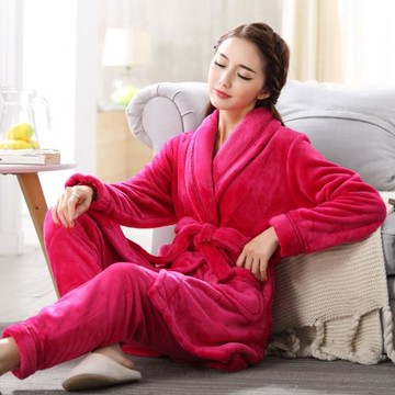 秋冬款法蘭絨睡袍女冬季浴袍兩件套加厚珊瑚絨睡衣套裝系帶家居服