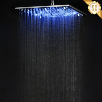 【溫控變色】淋浴花灑頭 頂噴花灑 淋浴噴頭 浴室花灑 淋浴頭 方形鏡面設計 鉻色不鏽鋼 三色LED發光 16寸大頂噴 智能溫控顯示