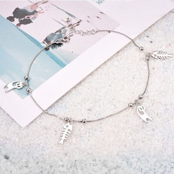 現貨+預購 925純銀腳鍊狐狸腳鏈-可愛魚骨光面圓珠女飾品73zf23【獨家進口】【米蘭精品】