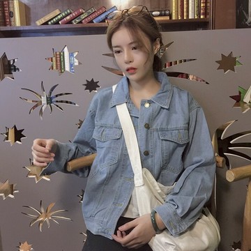 秋裝女裝新款韓版BF風寬松百搭淺色牛仔外套短款學生風衣上衣開衫