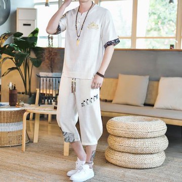 亞麻短袖t恤男夏季半袖中國風體恤唐裝復古棉麻寬松套裝男裝衣服