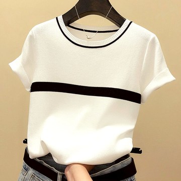 品牌折扣女裝專柜撤柜剪標撞色針織衫短袖t恤女夏寬松白色上衣女