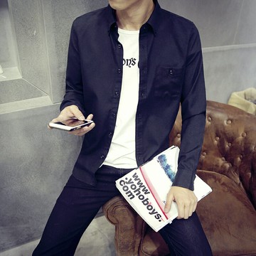 夏季襯衫長袖純棉男士青少年打底純色修身襯衣大學生外套春薄