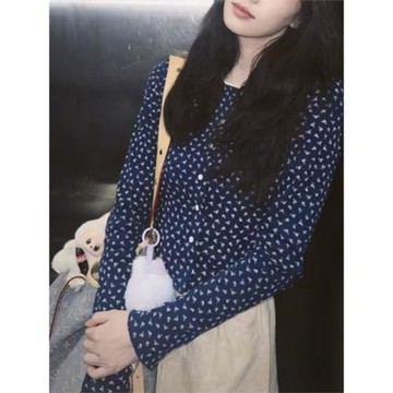 白鹿同款新款減齡碎花長袖針織開衫復古顯瘦圓領花邊薄款短款上衣