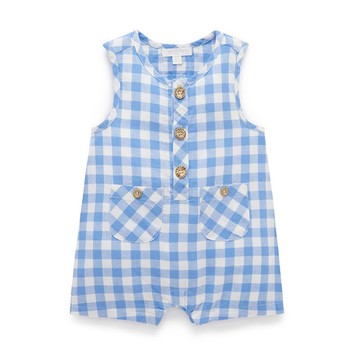 澳洲Purebaby有機棉嬰兒背心連身衣 / 新生兒包屁衣 藍格紋