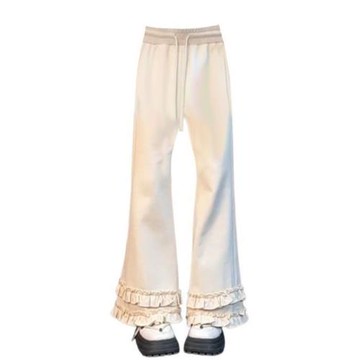 大碼胖妹妹韓版米白色木耳邊微喇叭休閑褲女春秋季顯瘦百搭長褲子