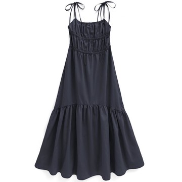 日本 GRL - 肩綁帶甜心皺褶度假長洋裝-海軍藍 (F)