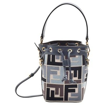 FENDI  MON TRESOR系列FF logo刺繡帆布皮革飾邊手提/斜背水筒包(藍 / 淺藍 / 棕色調)