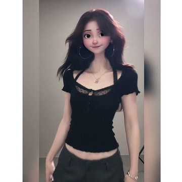 【韓系純欲風】蕾絲拼接假兩件短袖T恤 女 新款 修身 顯瘦 黑色 掛脖上衣 夏 上衣 短袖 短袖上衣 上衣短袖 蕾絲拼接