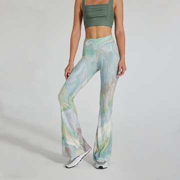 【SILVERWIND】EMBRACE系列 苔蘚綠流體印花運動瑜伽中腰喇叭褲