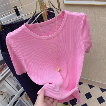 粉色針織衫短袖t恤女2025夏季新款洋氣減齡設計感不規則下擺上衣