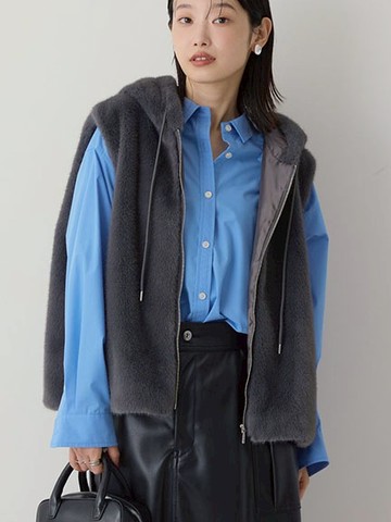 舒適短毛感連帽抽繩拉鍊背心(0H000737700) - AMERICAN HOLIC