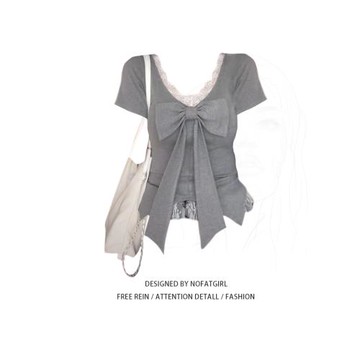 大碼胖妹妹純欲風蕾絲花邊蝴蝶結短袖T恤女夏季收腰顯瘦正肩上衣