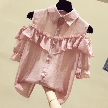 品牌折扣女裝專柜撤柜漏肩雪紡衫女短袖洋氣小衫荷葉邊露肩上衣潮