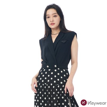 【KeyWear 奇威名品】時尚翻領無袖上衣 黑色