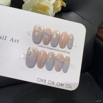 ➕最新設計款穿戴甲💅【淺藍夢境】清冷氛圍感藍色漸變立體蝴蝶結超嫩少女心手工穿戴甲短橢圓穿戴甲 W0ZY