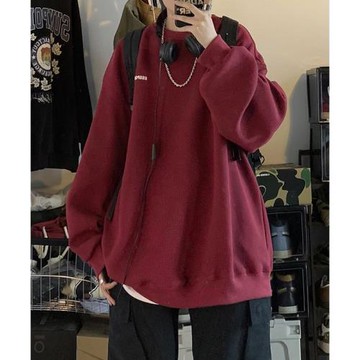 華夫格圓領衛衣男美式復古重磅寬松男生外套春秋新款潮流休閑上衣