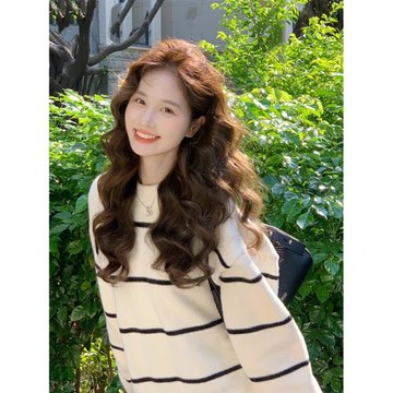 韓系溫柔條紋圓領套頭毛衣女秋冬季寬松慵懶風外穿長袖針織衫上衣