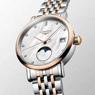 LONGINES Elegant Collection 優雅系列 18K玫瑰金 珍珠貝鑽石月相石英女錶-30mm L4.330.5.87.7