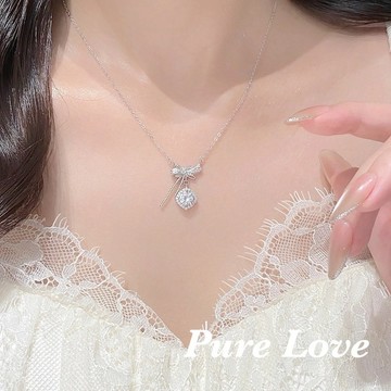 Pure Love樂芙 / 正韓 銀飾【S925純銀】N01106簡約通體純銀項鍊滿鑽蝴蝶結方形鋯石鎖骨鏈短項鏈 / 銀