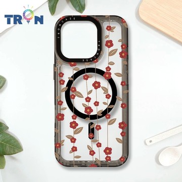 TRON IPHONE 16 PRO 條紋透明小花B款 MAGSAFE 磁吸 防摔 太空殼 透黑 手機殼