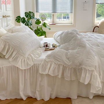 韓國 花邊夢幻寢具 ins博主推薦 荷葉邊 全棉色織 水洗棉 床裙四件組 被單/被套/枕頭套/床裙組 雙人/加大/特大床