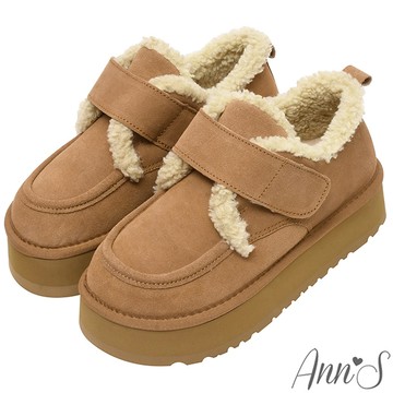 Ann’S防潑水鍍膜-真皮真羊毛魔鬼氈毛毛滾邊厚底雪靴4.5cm-棕