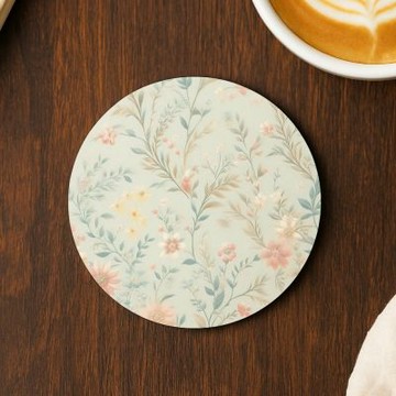 TRON 圓形軟式珪藻土10*10cm 田園風花卉 吸水杯墊 速乾杯墊 防潮杯墊－綠碎花