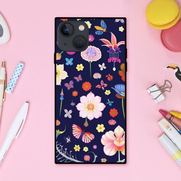 北歐繽紛鮮豔的花卉圖案與神秘飛舞的蝴蝶 方形手機殼【強化玻璃處理】iPhone16 適用