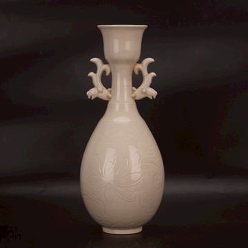 宋 定窯刻花狄龍雙耳瓶 仿古舊貨瓷器全手工制作老物件古典裝飾
