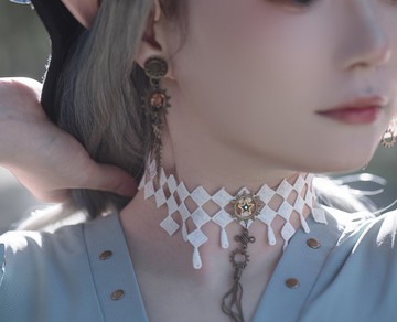 蒸汽朋克 白色方格 蕾絲星星 流蘇choker 項圈 頸鏈頸帶