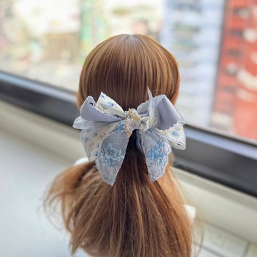 燙鑽紗紗蕾絲蝴蝶結相交夾香蕉夾仙女夾髮夾-藍灰色