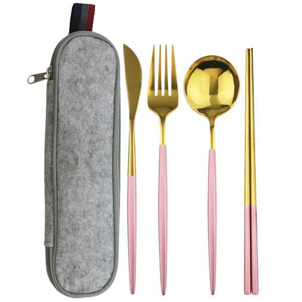 キャンプ用ステンレスカトラリー ピンクとゴールド ナイフ フォーク スプーン 箸 ポータブルバッグ付き 食器