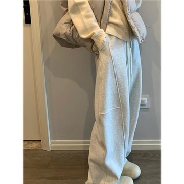 2025年夏季新款美式灰色運動衛褲女韓版薄款寬松直筒拼接闊腿褲