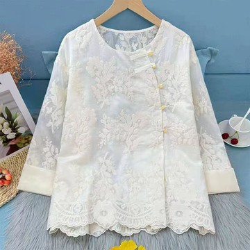 春秋新款國風重工刺繡圓領盤扣襯衫寬松遮肉百搭款上衣