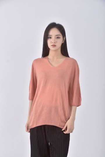 (M) dolcevitta質感針織羊毛V領橘色短袖上衣