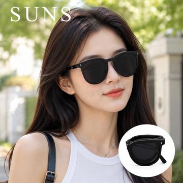 【SUNS】時尚折疊墨鏡 Polarized偏光墨鏡 曜石亮黑 彈簧腳 大框顯小臉 輕量 防眩光 抗UV400
