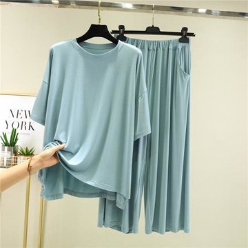 莫代爾純色短袖睡衣女夏季薄款外穿休閑套裝寬松大碼家居服兩件套