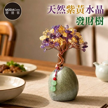 【摩達客】天然紫黃水晶發財樹平安扣掛飾復古陶瓷底座 寓意智慧豐盛 質感居家招福擺飾
