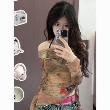 美式復古塗鴉辣妹一字肩網紗上衣女夏季薄款長袖防曬罩衫修身上衣韓版百搭綁帶薄款罩衫 防曬衣長袖罩衫 空調寬松上衣
