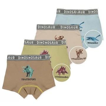 日本西松屋 - 混棉男孩四角內褲(4件組)-一隻恐龍-棕黃藍