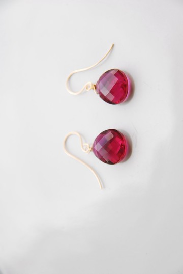 紅碧璽色水膽水晶耳環 14KGF