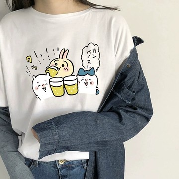 乾杯小可愛~純棉上衣 夏季新款 卡通印花 短袖T恤女 潮流 ins風 寬鬆 學生上衣 日常通勤 體恤 短袖