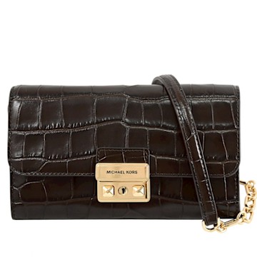 MICHAEL KORS TRIBECA 金屬釦LOGO鱷魚壓紋皮革翻蓋式斜背包/WOC(深咖)