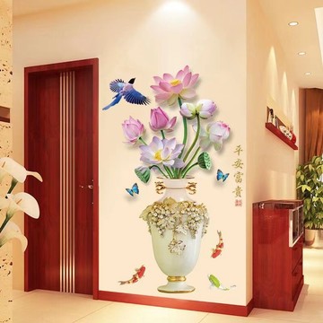 詳細尺寸看圖片【豪華壁畫】3D立體牆貼荷花風景臥室客廳玄關背景牆面裝飾貼紙自粘&優