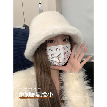 白色毛絨漁夫帽女冬季保暖顯臉小毛茸茸軟糯盆帽水桶帽百搭大頭圍