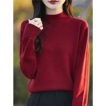 純棉線半高領加厚針織衫女2025冬季寬松慵懶風開叉毛衣純色打底衫