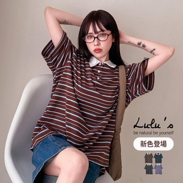LULUS/撞色橫紋POLO領寬鬆T恤４色【A01260145】條紋上衣 寬T 260408