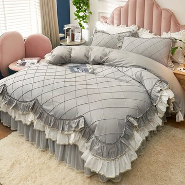 全棉床裙四件套簡約純色雙花邊被套純棉1.5m1.8m床罩家用