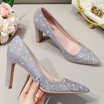 2025年新款粗跟禮服扁跟高跟鞋女銀色單鞋亮片水晶婚紗婚鞋新娘鞋